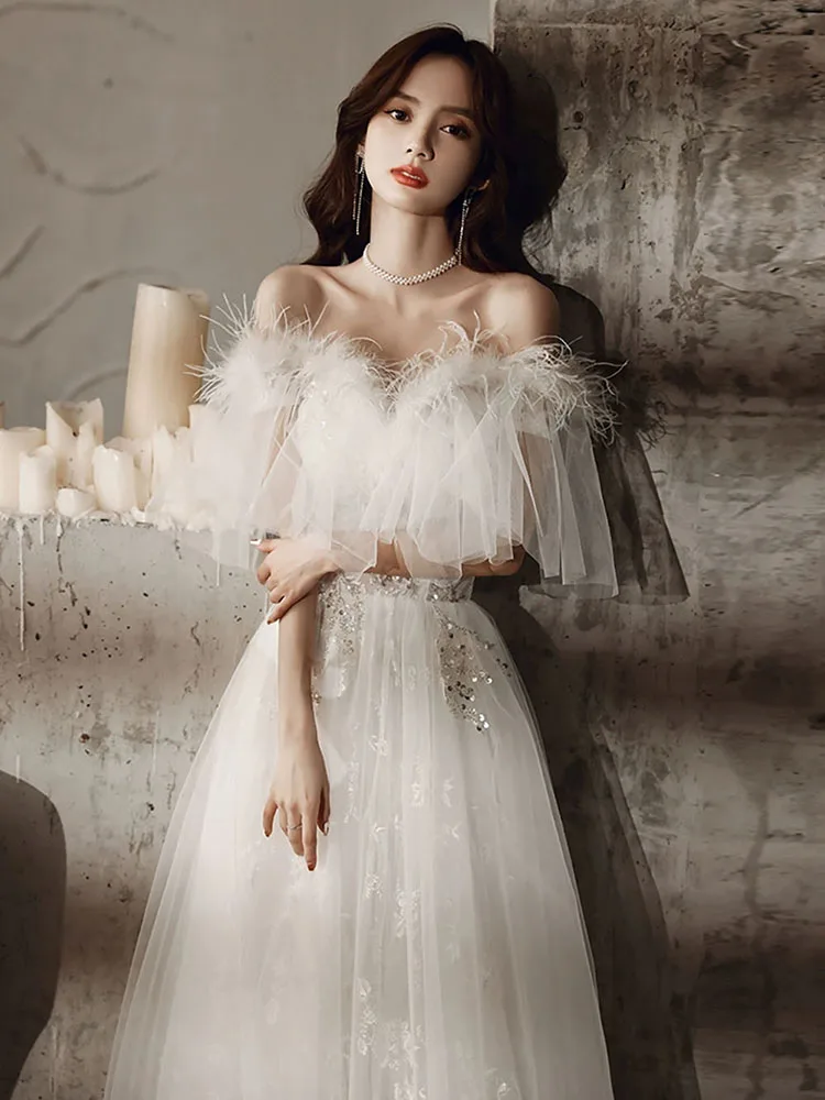 

Luxury White Feather Evening Dress French Style Off The Shoulder Embroidery Tulle Ball Gown Women Birthday Party Dresses