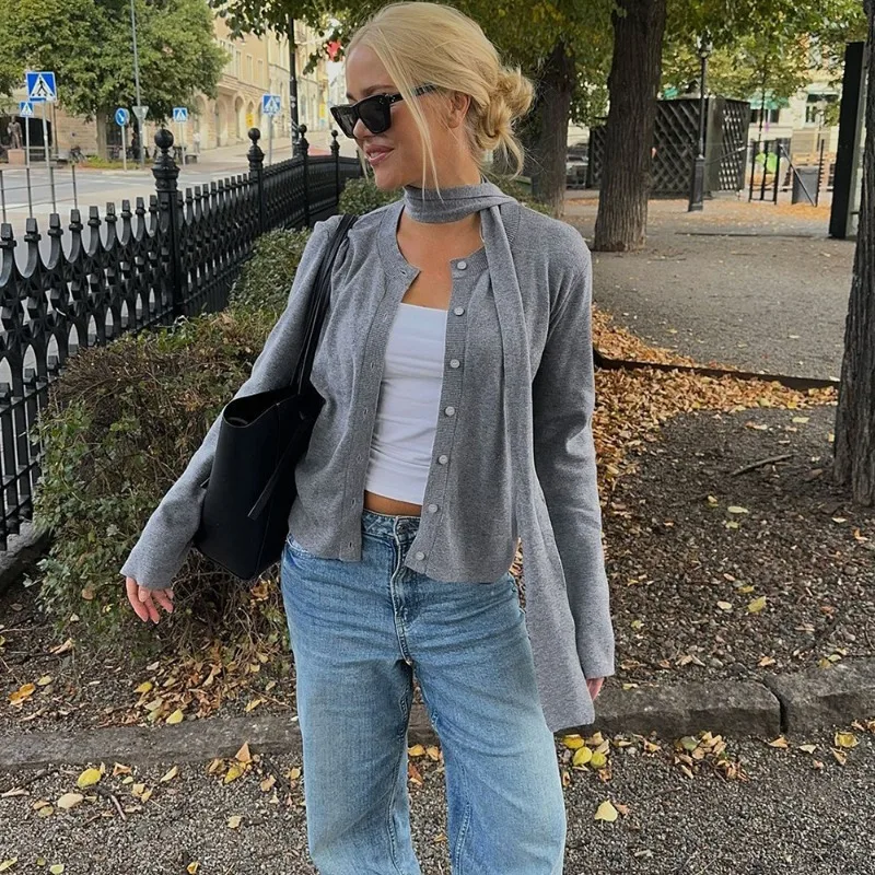 Tuularose femmes gris Cardigan mode solide écharpe décontractée mince simple bouton chandails haut nouveau basique bureau dame vêtements d'extérieur pour femmes