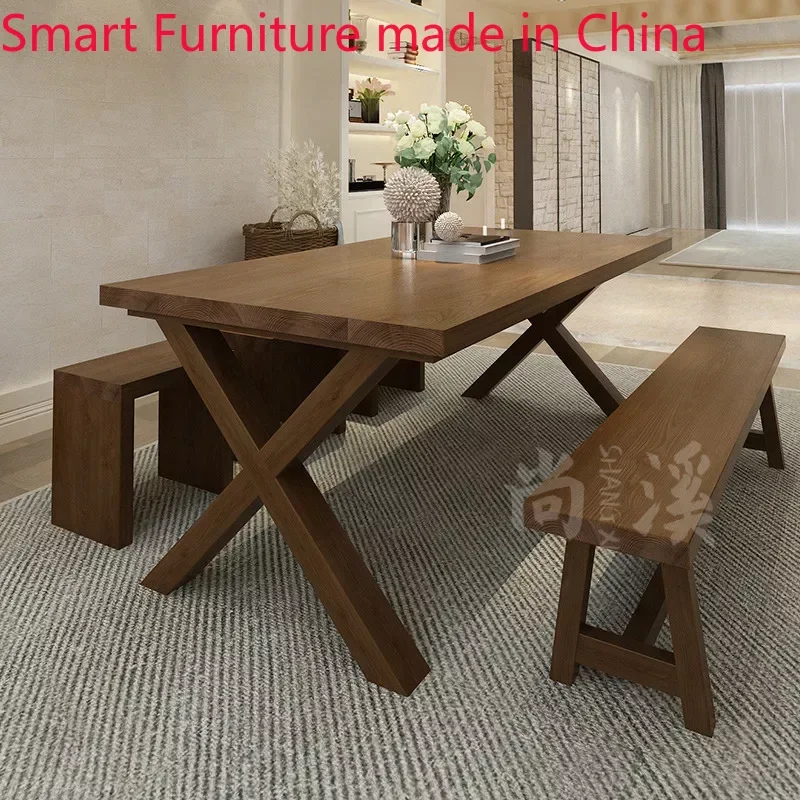 All-solid wood dining table and chair combination living room log dining table rectangular household long table American