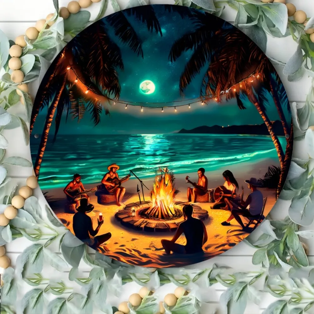 

2D Flat, Moonlit Beach Gathering with Palm Trees & String Lights,Office, Cafe,Beach Theme Room Decor,Cafe Decoration, Room Decor