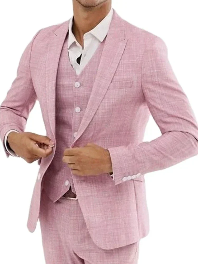 Linen Wedding Suits For Summer Men Slim Fit Fashion Bridegroom Groom Tuxedos Custom 3 Pcs Pink Fashion (Jacket+Pants+Vest)