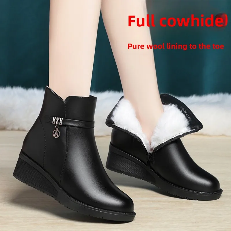 

2025 New Women's Leather Flat Bot Cotton oes Winter Warm Thiened Wool Anti-slip ort Boots Comfortable round Toe Zipp...