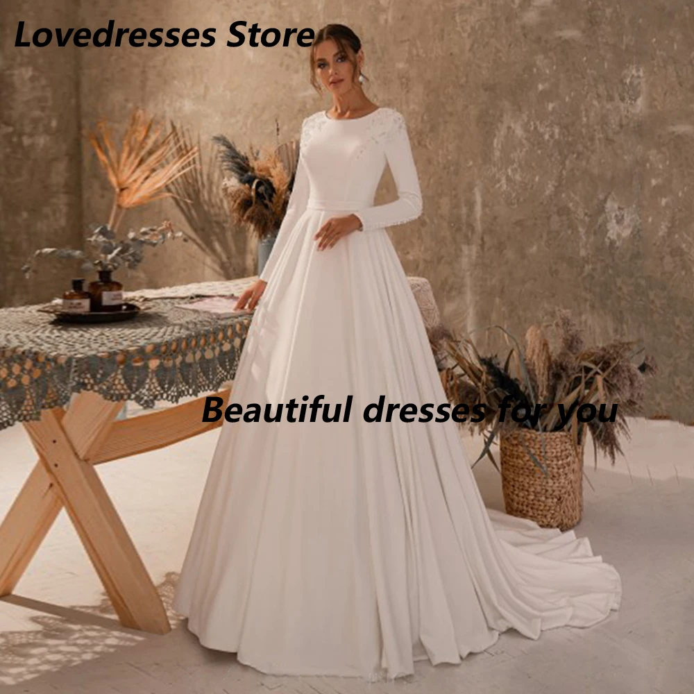 Round Neck Long Sleeves Wedding Dress Customized Elegant Beading Pearls Buttons A Line Sweep Train Vestidos De Novia Bride Gown