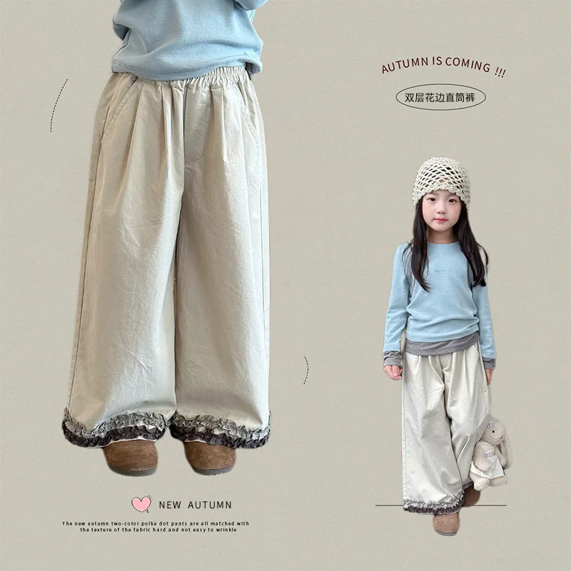 2025 Autumn Winter Cotton Elegant Lace Straight Pants Children Unique Petal Spliced Cuff Casual Long Soft Trouser 3-14 Years