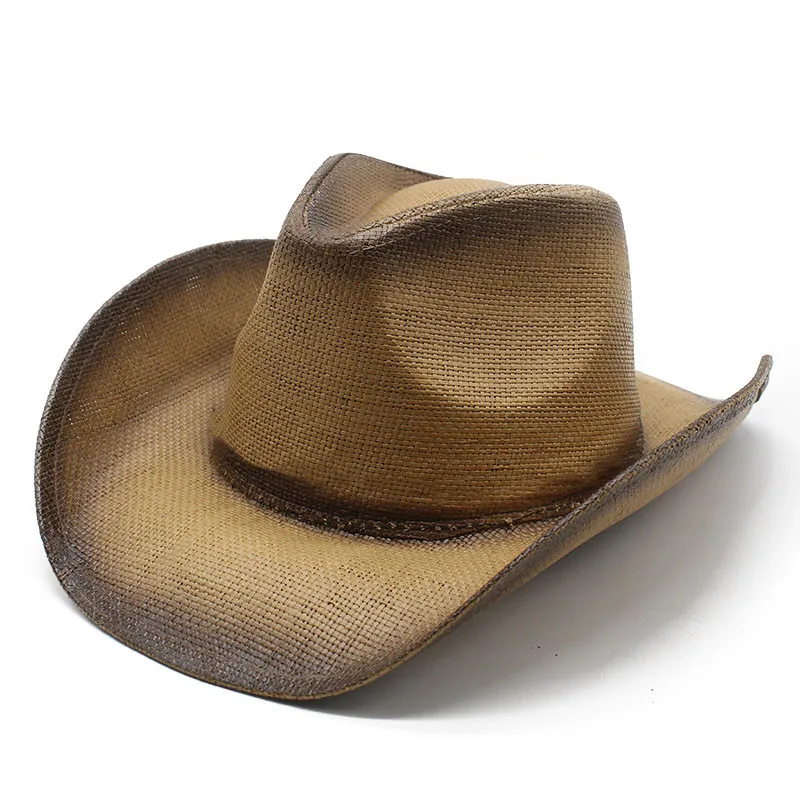 Handmade Spray-painted Straw Hat Summer Sun-proof Straw Hat Rolled Brim Warped Western Cowboy Hat Outdoor Beach Hat