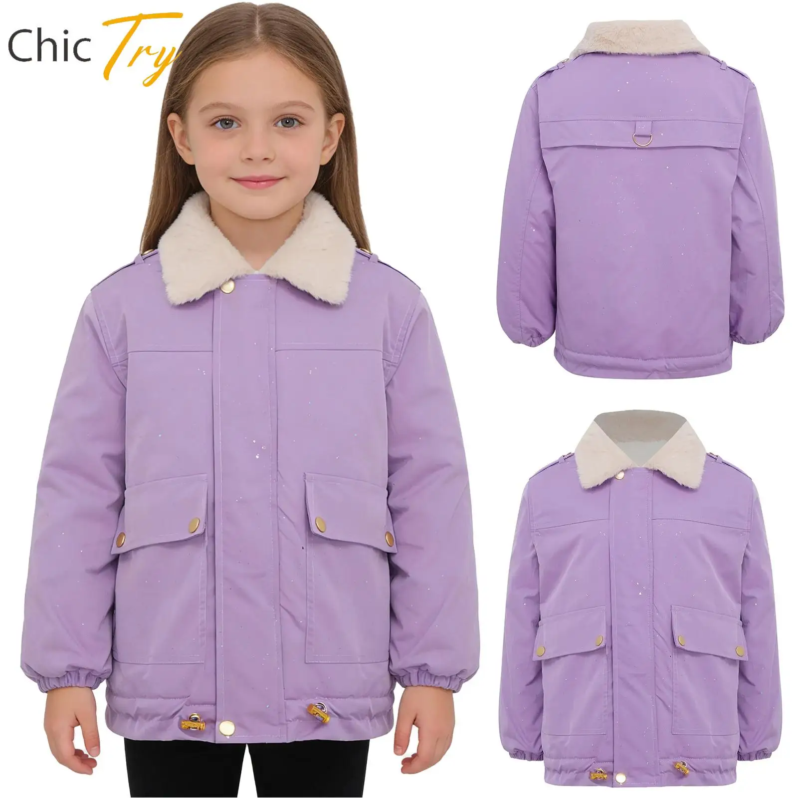 

Child Girls School Indoor And Outdoor Activities Top Costume Warm Fleece Lined Glittery Jacket Thick Outerwear Long Sleeve Coat
