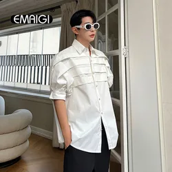 Mens Shirt French Vintage Fashion Pleated Design Loose Casual Short Sleeve Shirts Male Women Party Dress Shirts Blouses