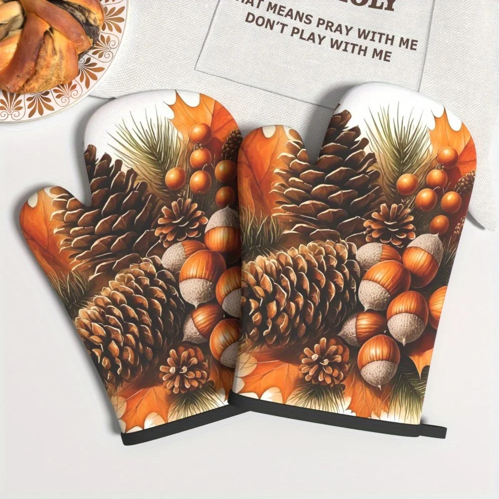 Of 2 Kitchen Oven Mitts Measuring 10.6 by 6.7 Inches, Featuring a Thanksgiving Design with Pine Cones And Acorns