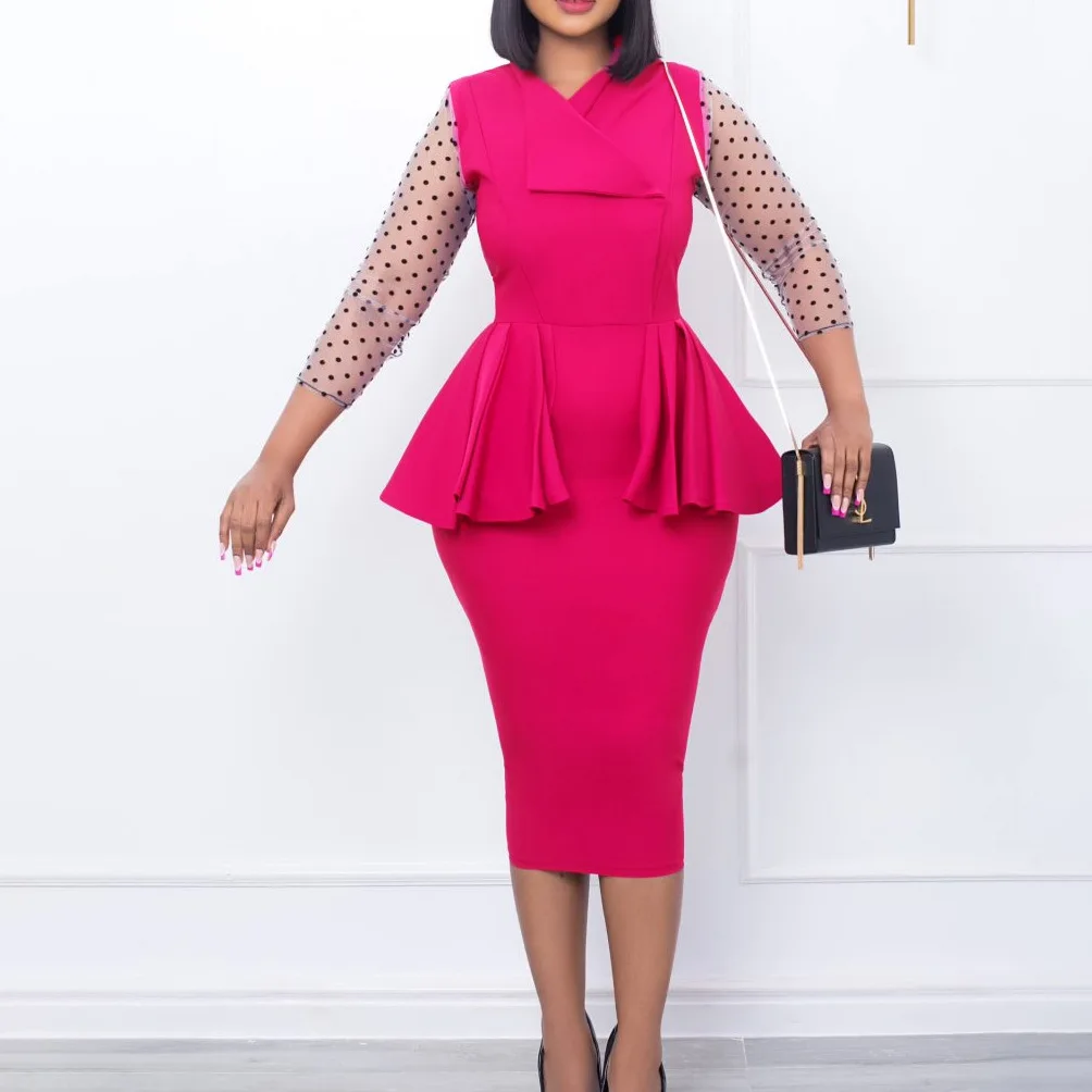 

New temperament mesh stitching V-neck ruffle edge pencil skirt dress temperament simple sexy high-end clothing dance costume