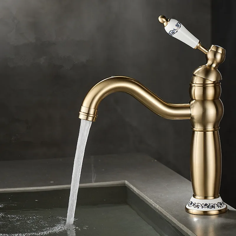 

Brushed Gold Bathroom Faucet Antique Basin Faucet Chrome Sink Mixer Tap Hot & Cold Deck Mounted Lavatory Crane Water Tap Black