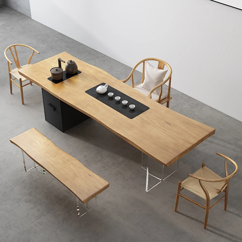 

Solid wood large board table and chair combination with cabinet and tea tray integrated minimalist multifunctional