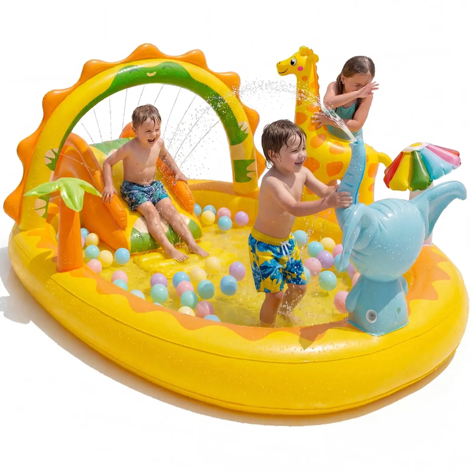 

Giraffe Inflatable Kiddie Pool Play Center With Slide And Elephant Sprinkler Size 82.7 x 67 x 41.3 Inch Outdoor Summer Water Play Toy For Kids Age 2 And Up Backyard Lawn Water Game