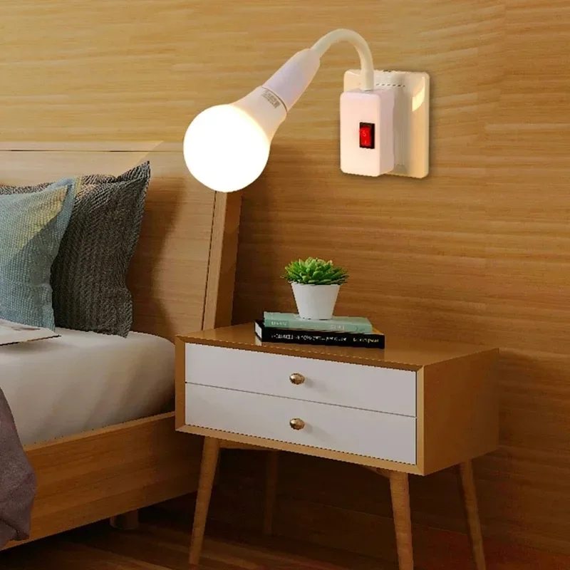 LED Light Bulb E27 Socket Lamp Base Flexible Bend Holder Adapter Converter With Switch EU US Plug Energy Saving Lamp For Table