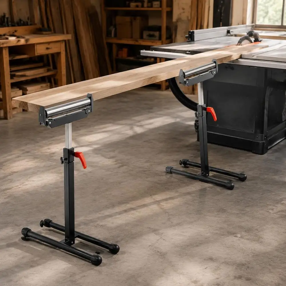 Ensemble de 2 supports à roulettes, capacité de charge de 113 kg, hauteur réglable de 68 à 109 cm, support de travail pliable avec tête à roulettes et guides latéraux en acier poli, pour la sortie de la scie circulaire, support d'extension.