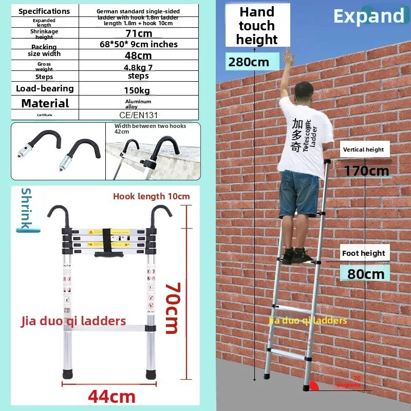 Telescoping Folding Ladder with Hooks Aluminum Alloy Heavy Duty Household Construction Step Ladder Versatile Office Garage