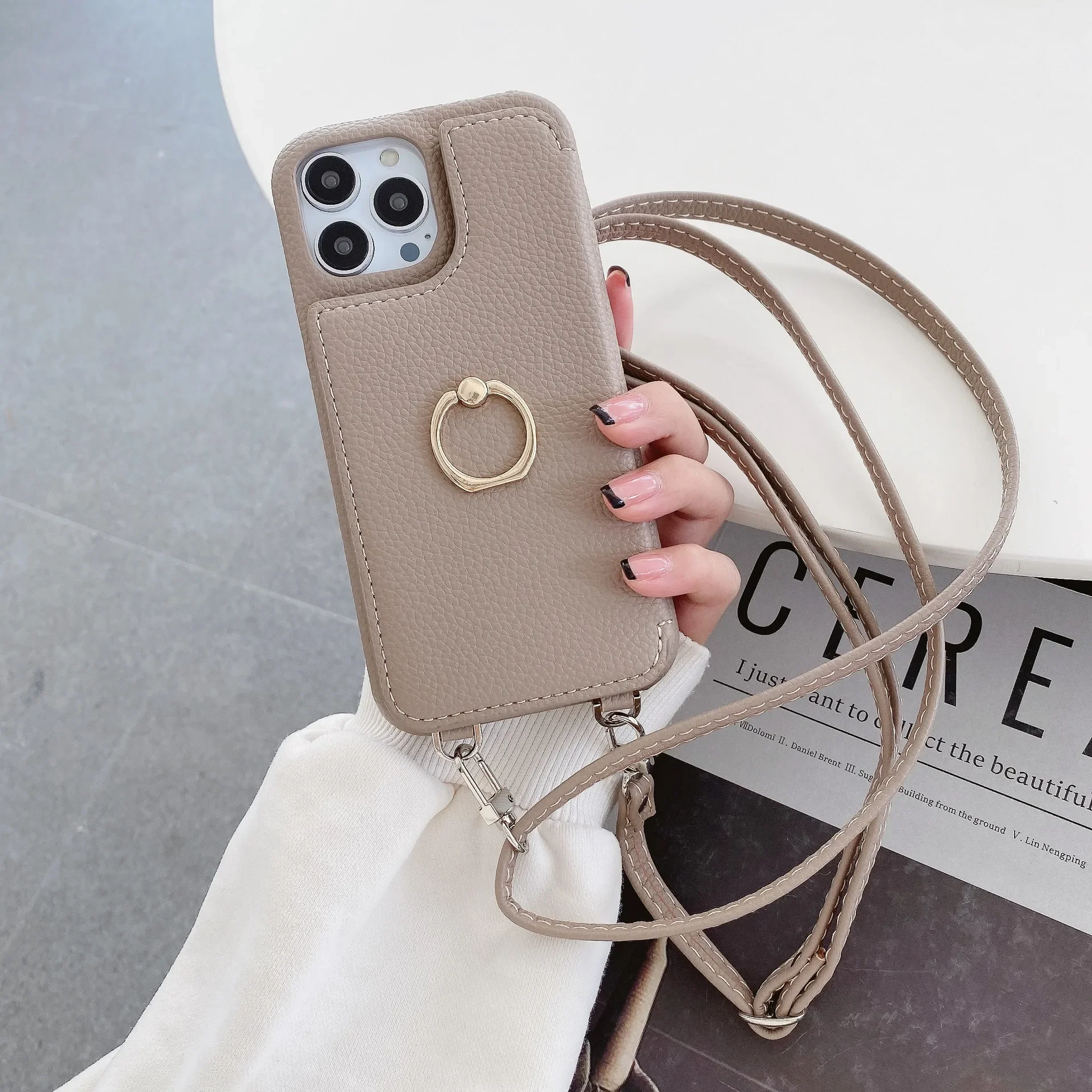 

For iPhone14 Card Beauty Mirror Phone Case 13promax Xs Xsmax Xr Diagonal Lanyard Ring Clasp 11pro 12 8plus Pebble Phone Cover