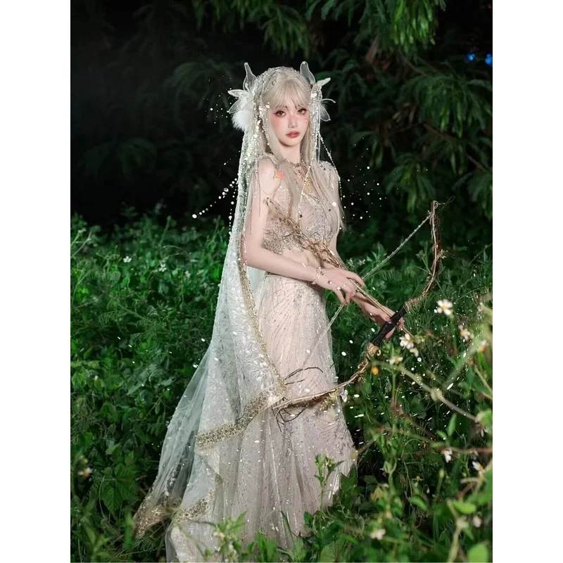 

az15Женский костюм для косплея на Хэллоуин, костюм феи с лесным цветком, одежда богини, белое платье с крыльями, аниме-шоу Garme