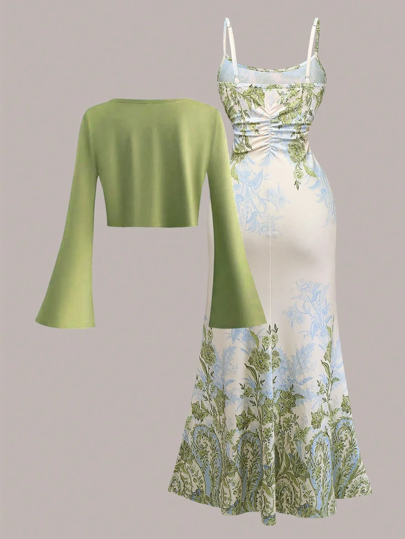 

Women's Floral Print Fitted Dress With Flare Sleeve Knit Cardigan 2 Piece Set