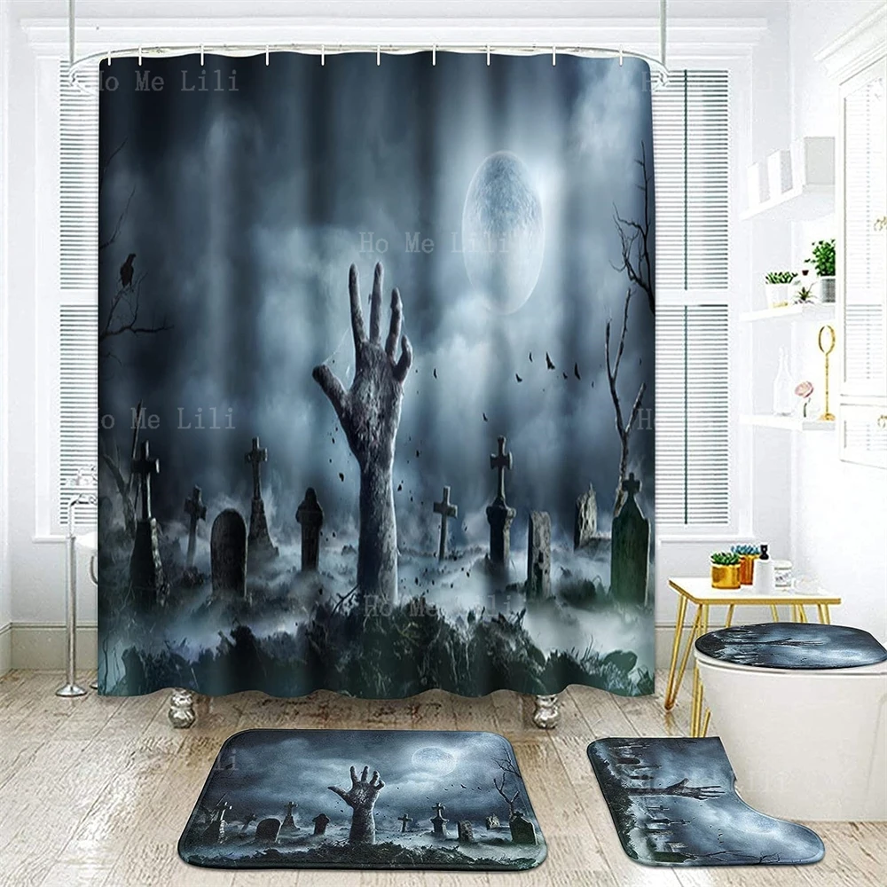 Shower Curtain Set Zombie Rising Out Graveyard Spooky With Non-Slip Rugs Toilet Lid Cover And Bath Mat Bathroom Decor Set