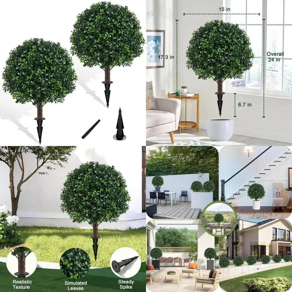 

UV-Resistant Artificial Boxwood Topiary Balls Outdoor, Set of 2 Weatherproof Faux Boxwood Trees with Spikes for Durable Garden D