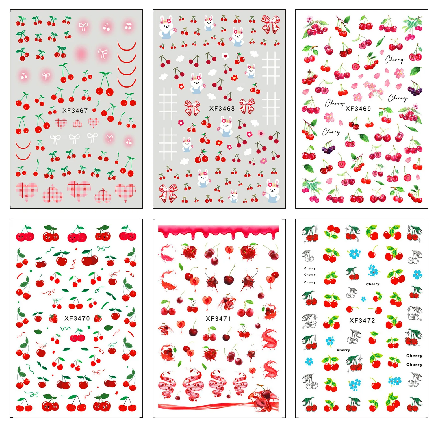 6 Sheets Various Delicious Red Cherry Fruit Fashion Adhesive Nail Art Stickers Decals Manicure Charms Accessories XF3467-XF3472