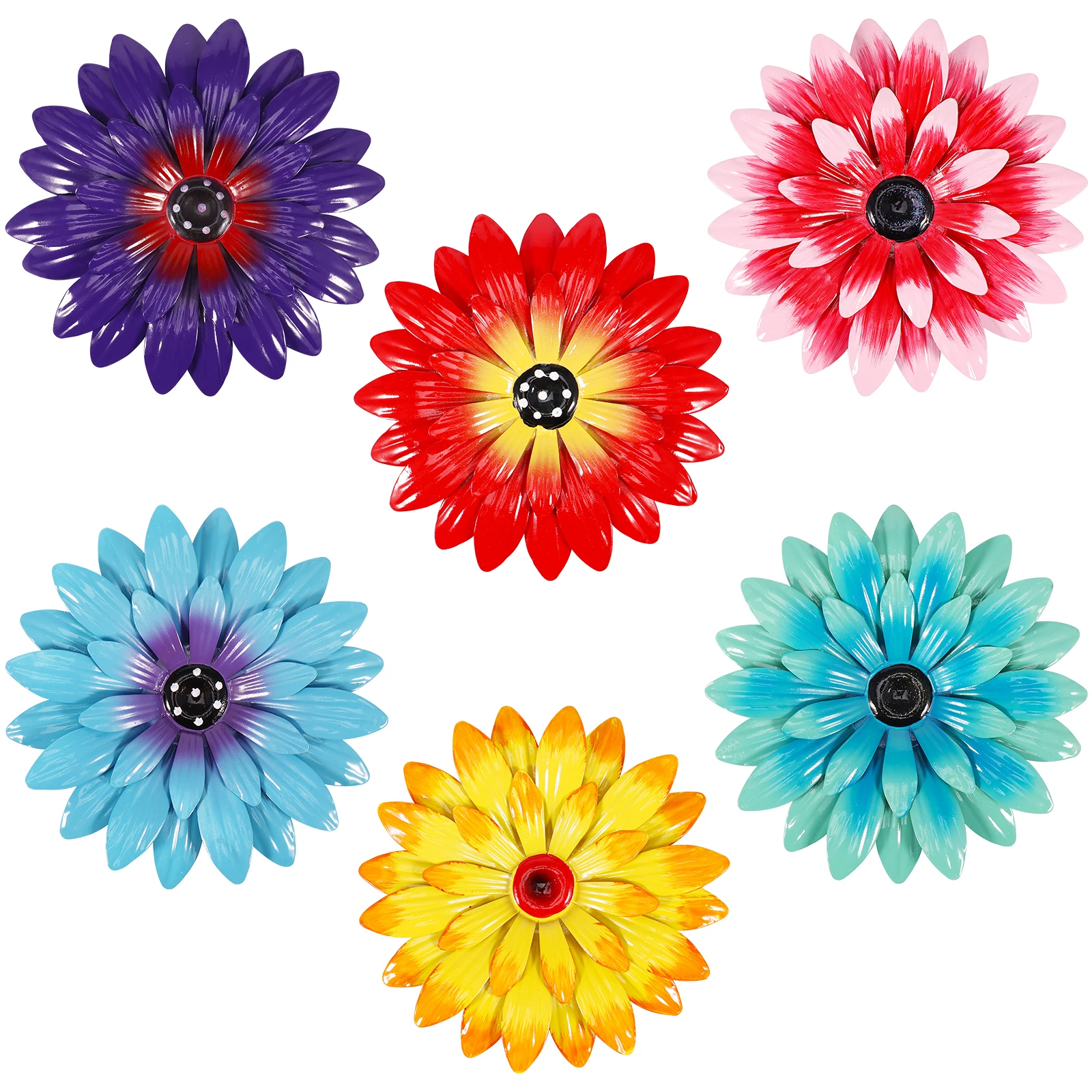 6Pcs 8 Inch Metal Sunflower Wall Decor 6 Colors Flower Wall Art Hanging Decorations 2-Layer Sunflower Wall Sculptures for Indoor