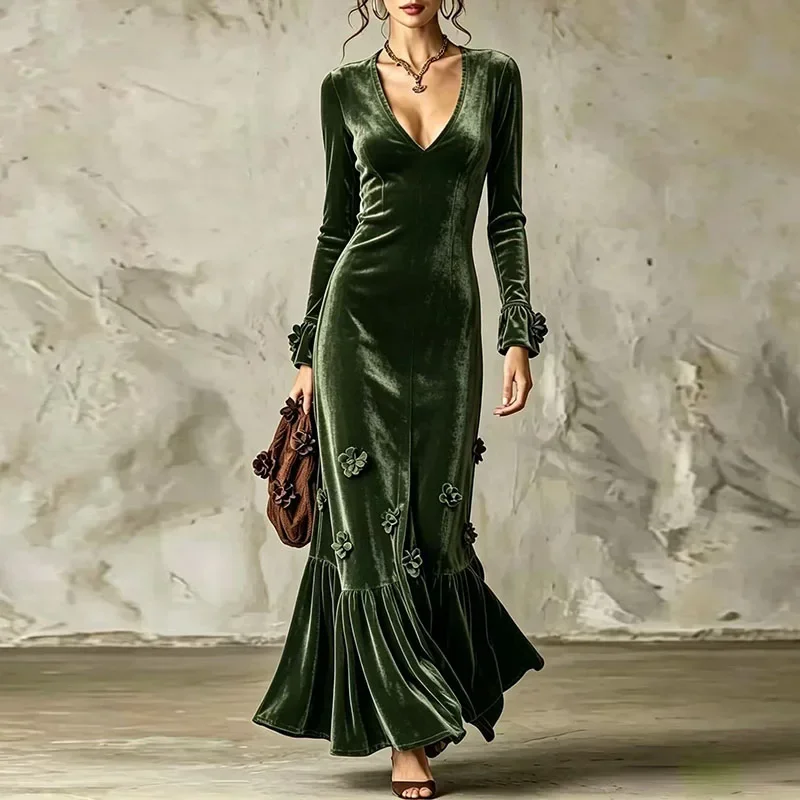 Elegant 3D Floral Long Dress Women Deep V‑Neck Long Sleeve Ruffle Cuff Hem Bodycon Maxi Gown Wedding Solid Banquet Party Dresses