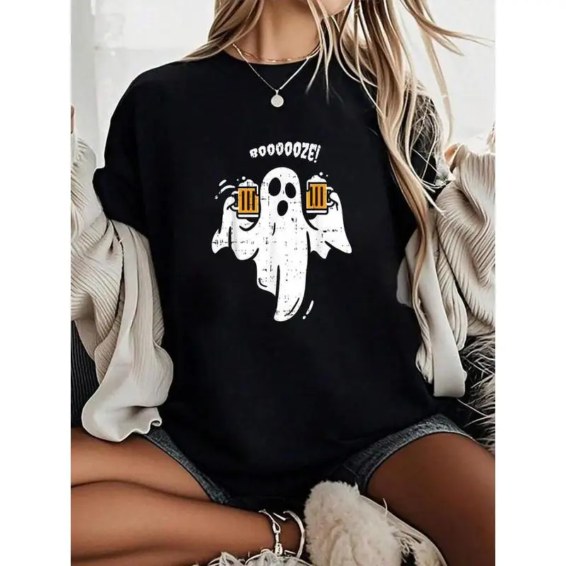 

Funny Halloween Ghost Beer Booze Graphic T-Shirt Unisex Oversized Washed Vintage Tee Party Drink Lover Gift