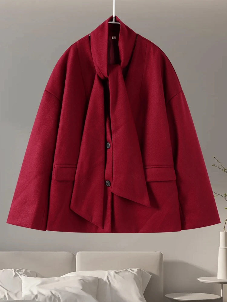 

Fashion Burgundy Scarf Collar Woolen Coats Women Single Breasted Pocket Loose Overcoat 2025 Lady Elegant Thick Winter Streetwear