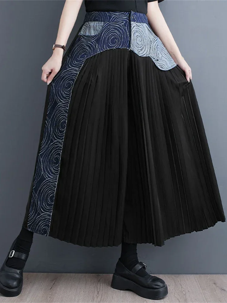 

XITAO High Waist Pants Fashion New Women Print Pattern Pocket Pleated Patchwork Minority Loose 2025 Summer Pants WLD11317