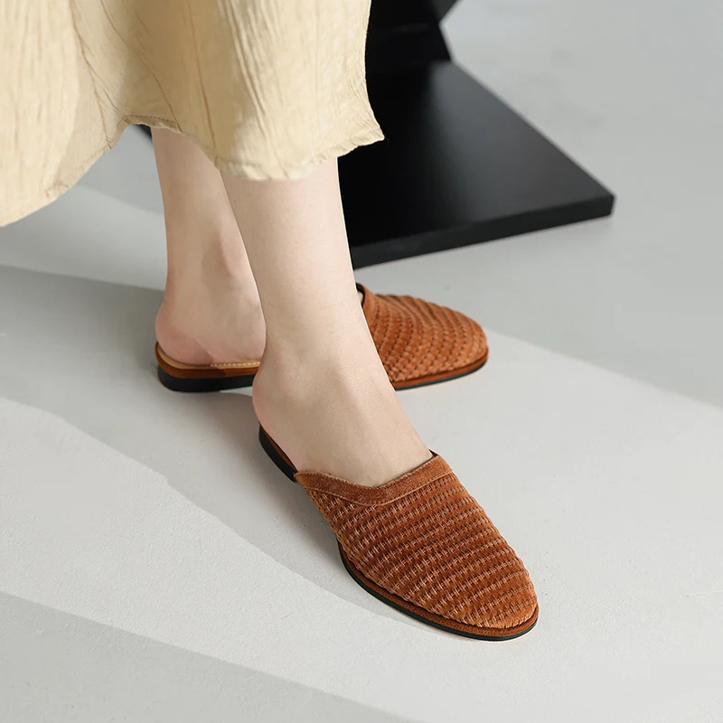 Women Shoes Weave Mules Genuine Leather  Flats For Woman Cowhide Cozy Mullers None Slip Spring Autumn Ladies Flat Shoes