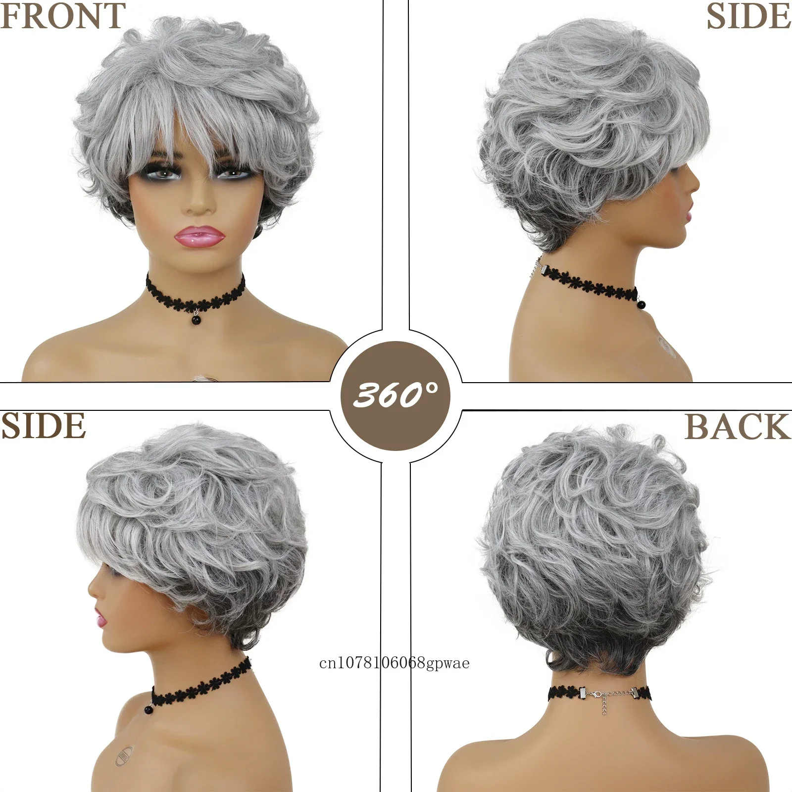 باروكات صناعية قصيرة مجعدة باللون الرمادي للنساء، باروكة للسيدات العجوز مع غرة، لون رمادي، شعر مستعار كوسبلاي للحفلات التنكرية اليومية للهالوين #3