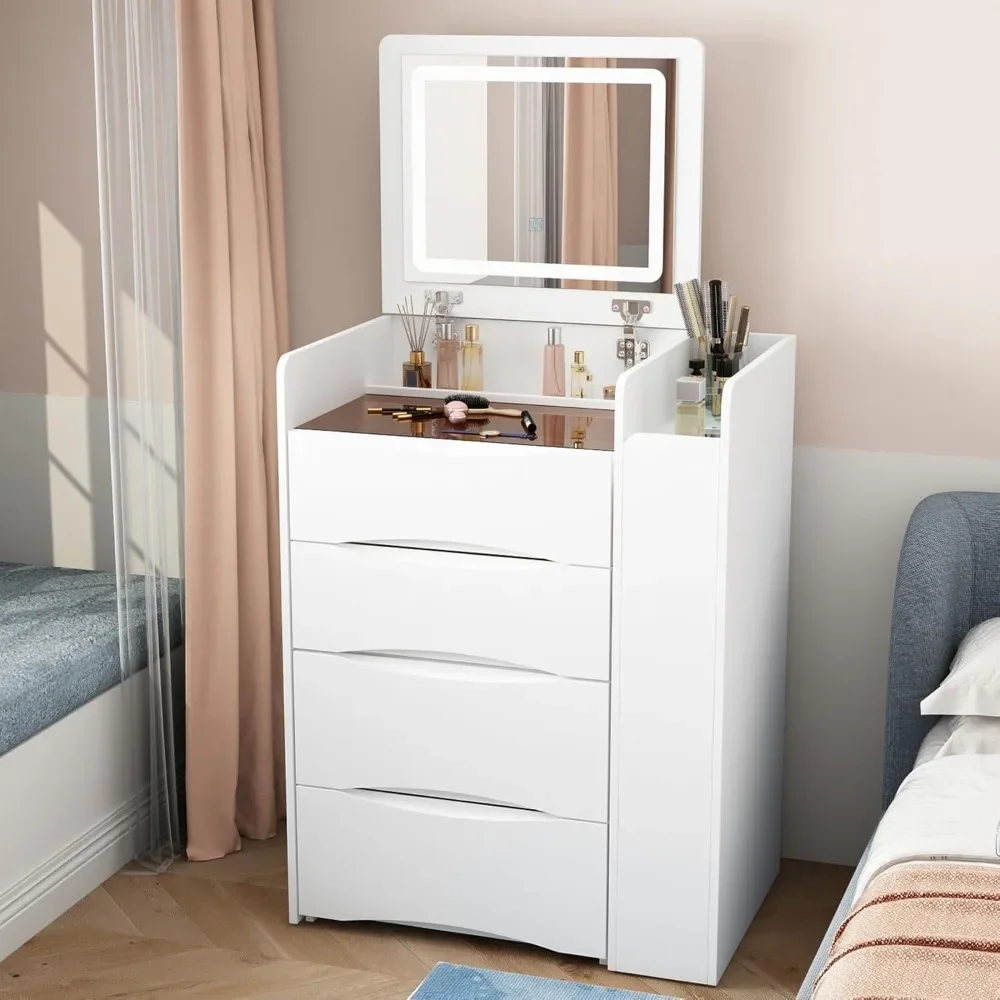

Compact 4-in-1 Makeup Vanity Desk with Flip Mirror and Lights, Vanity Dresser with Side Sliding Rack & Drawers, Dressing Desk
