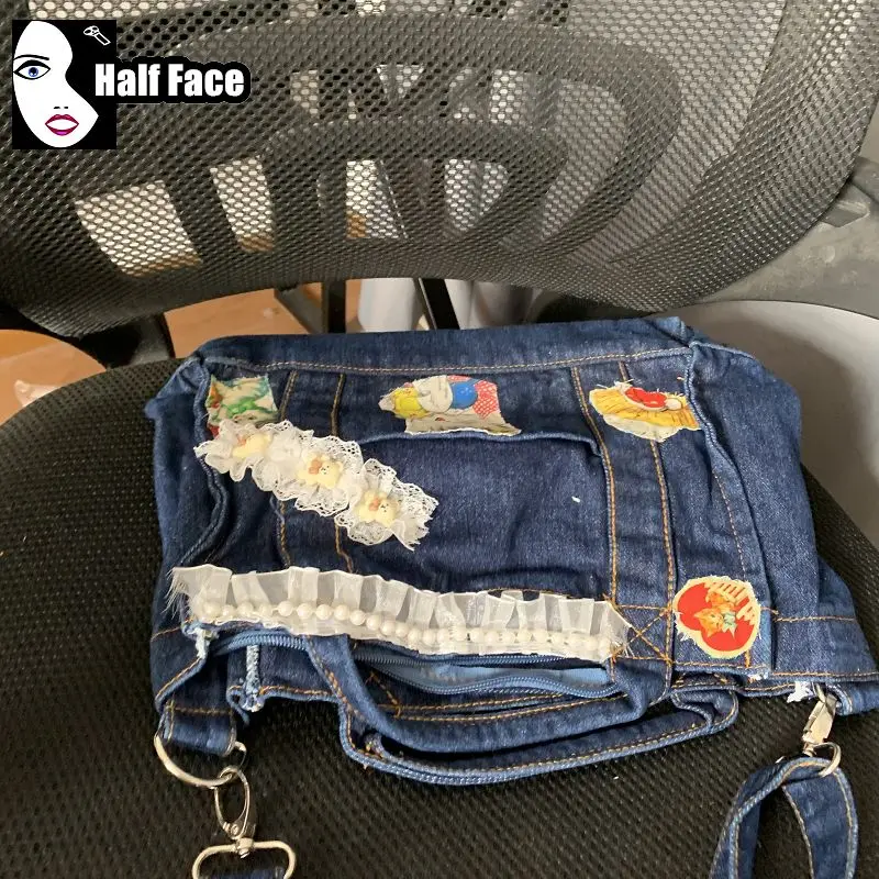 Y2K-Mini bolsos cruzados de un hombro para mujer, bolso de mano Vintage de dibujos animados, Harajuku, gótico, Punk, encaje, perla, oso, Denim lavado, Lolita