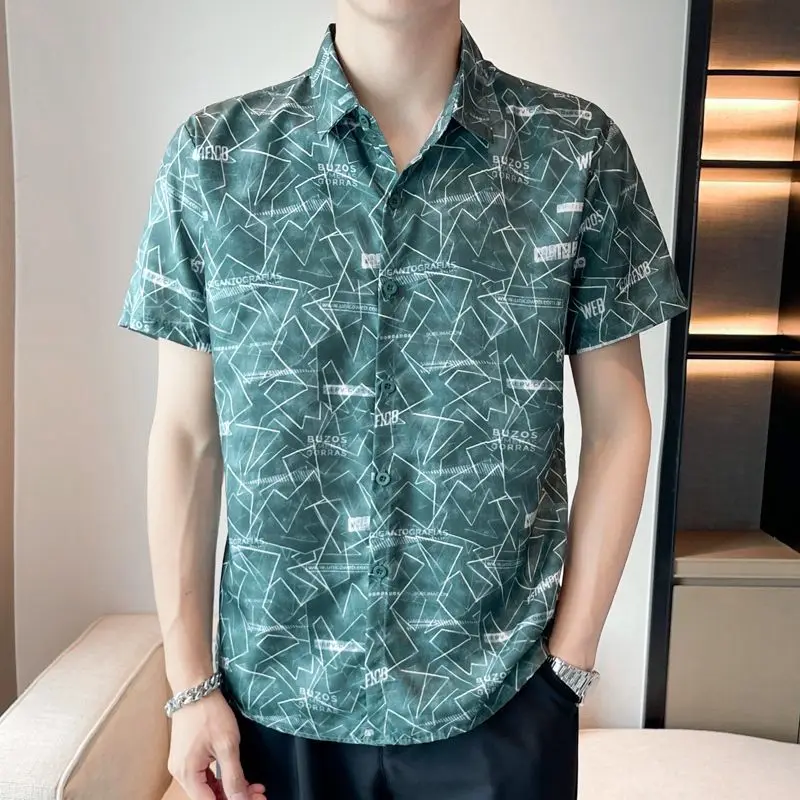 Men's Ice Silk Short Sleeve Shirt Summer Trendy Brand Fashionable Print Stylish and Cool Ice Feeling