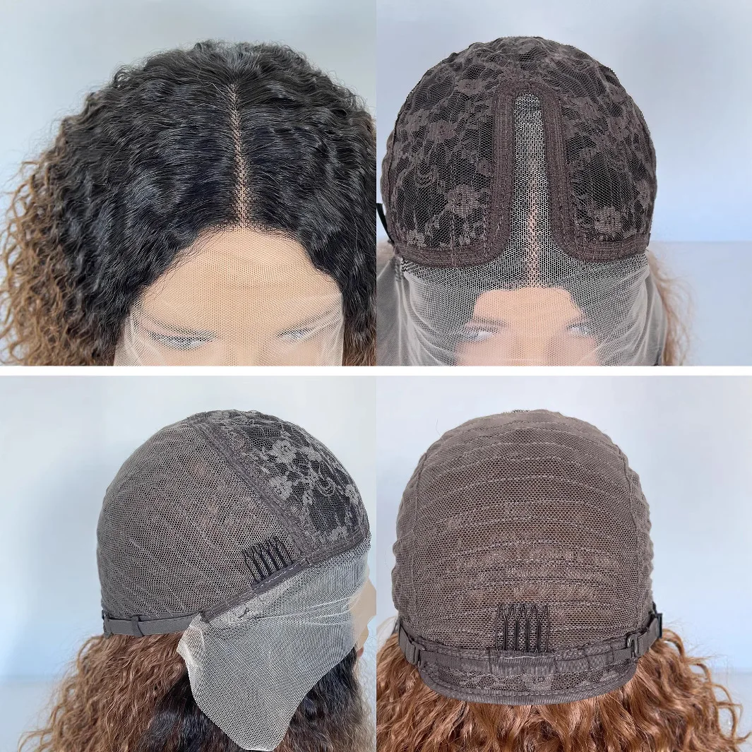 Wig Rambut Lurus Kinky dengan Lace Front untuk Wanita, Wig Afro Yaki Gelombang Panjang Keriting Lurus Ombre Cokelat, Wig Cosplay Pesta Halloween yang Mengembang