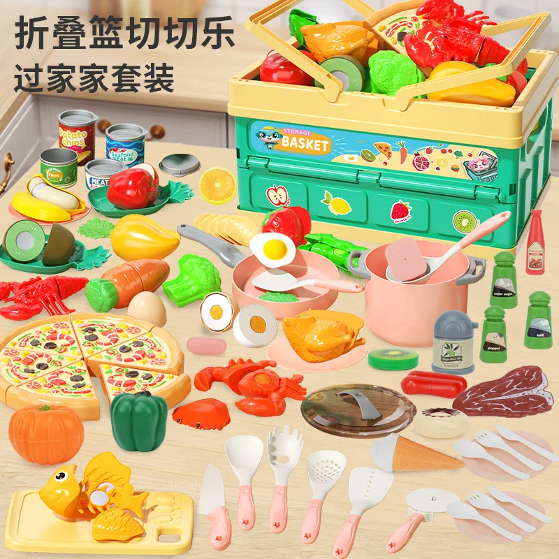 Pizza infantil, vegetais, casa, cesta de armazenamento dobrável, frutas simuladas, cozinha fofa de alegria, brinquedo de cozinha