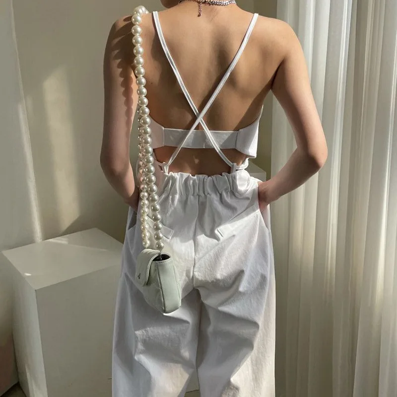 Vintage Zipper Wide Leg Double Pocket High Waist Straight Jumpsuit Women White Black Y2k Rompers Strap Denim Pants