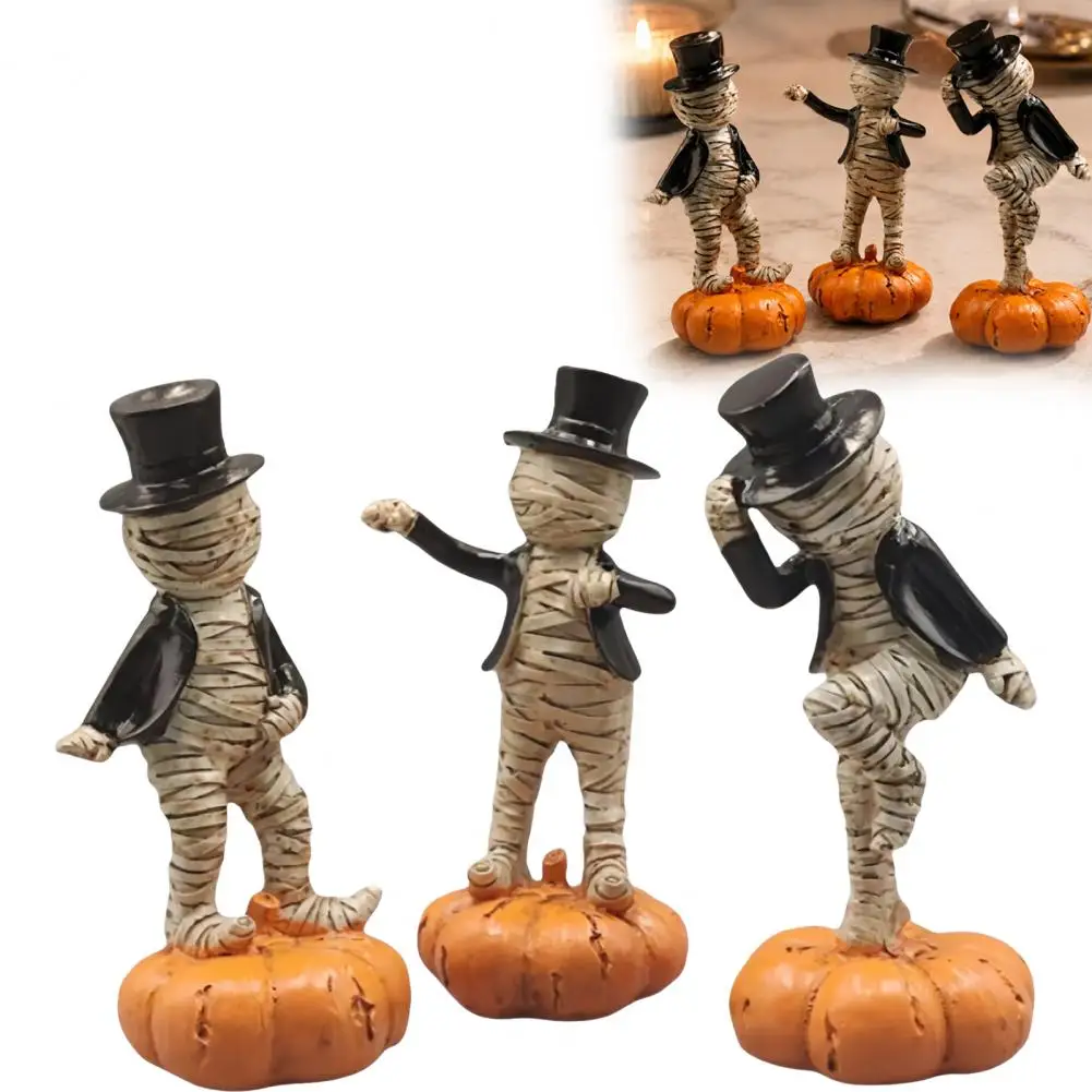 Halloween Mummy Ornament Resin Dancing Mummy Figurine Dancing Mummy Figurines with Pumpkin Base Gentleman Statue with Top Hat