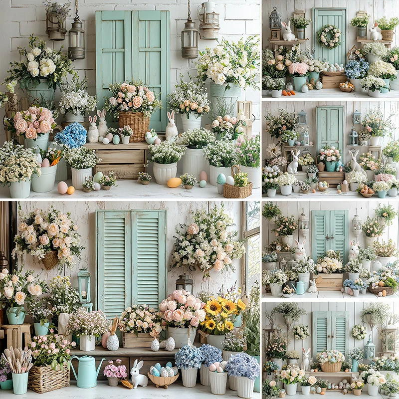 

LS Spring Green Easter Decor Background Studio Prop Garden Rabbit Vintage Window Backdrop Baby Birthday Portrait Art Photocall