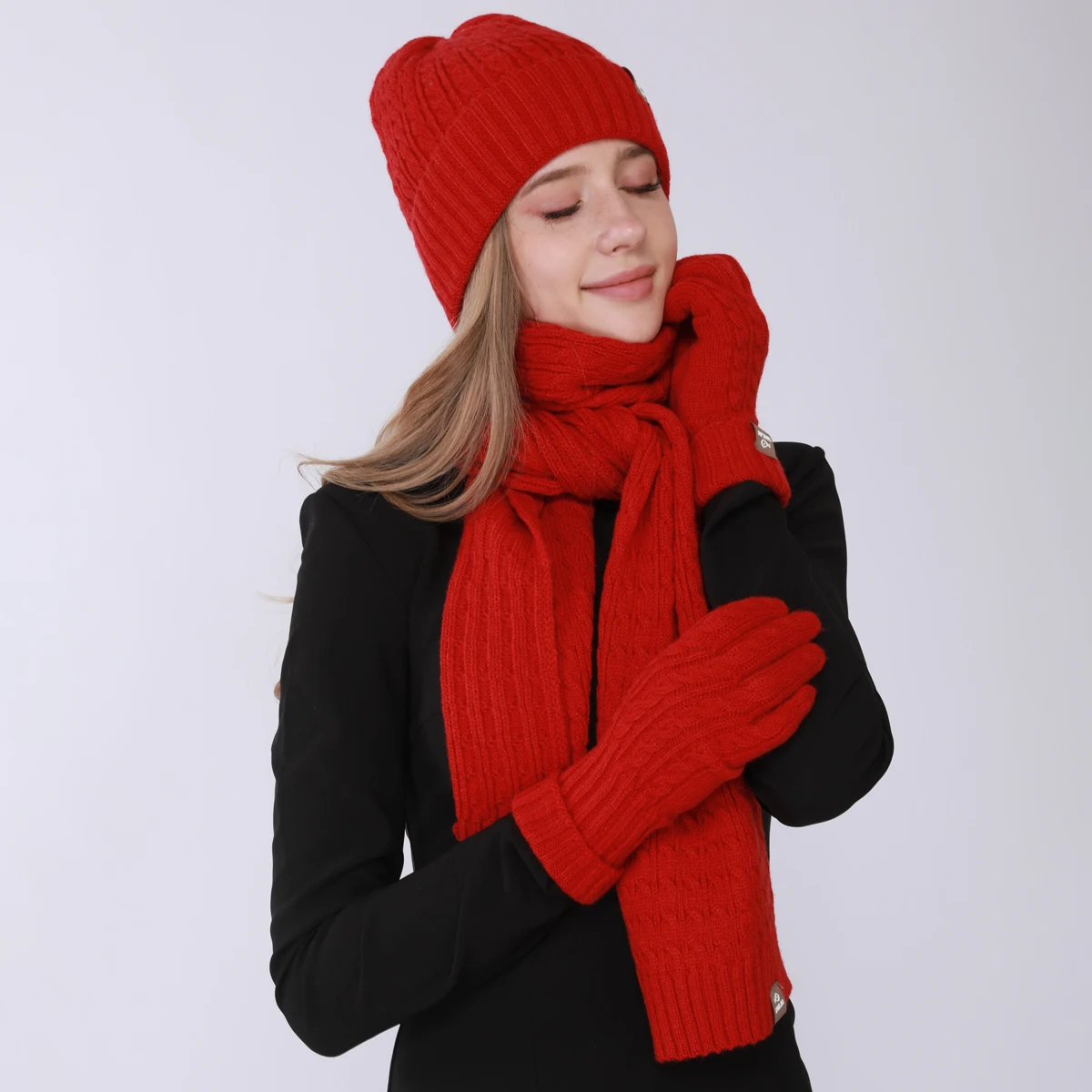 Women Solid Color Imitation Wool Fabric 3-piece Set Gloves Scarf Hat Knitted Suit Soft Cold-proof Warm Autumn and Winter Gift