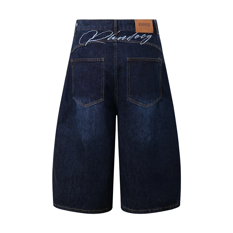 

American Retro Embroidered Waed Denim orts Loose Wide Leg Seven-Quarter Length for Men And Women GXFortune Knife