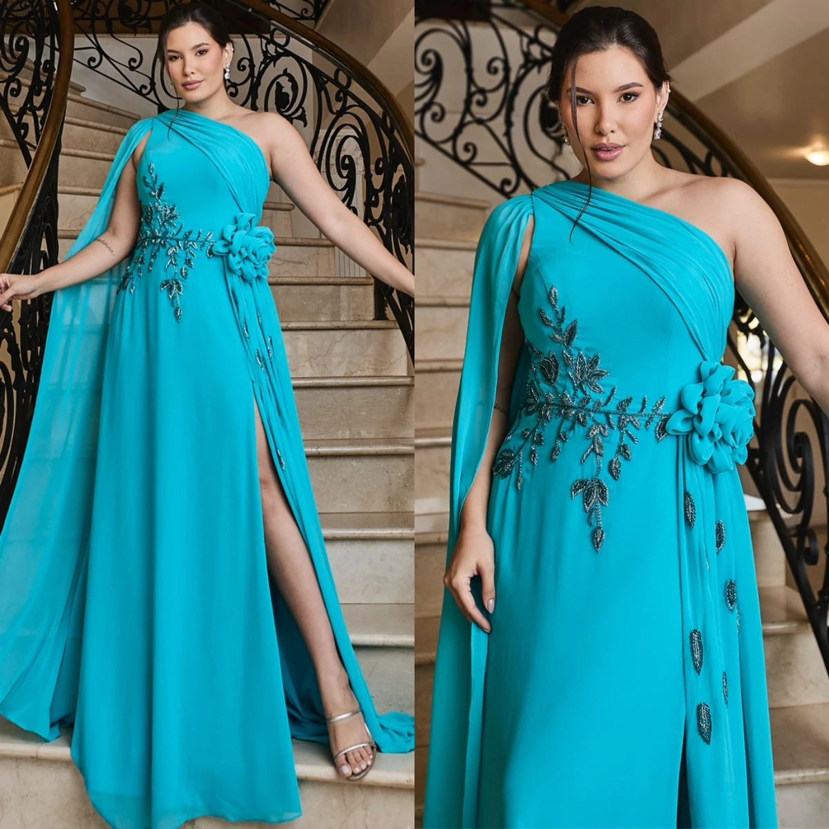 

Customized Classic Blue Chiffon Evening Dress Formal One Shoulder Sleeveless Celebrity Gowns Elegant Beading Flowers Prom Dress
