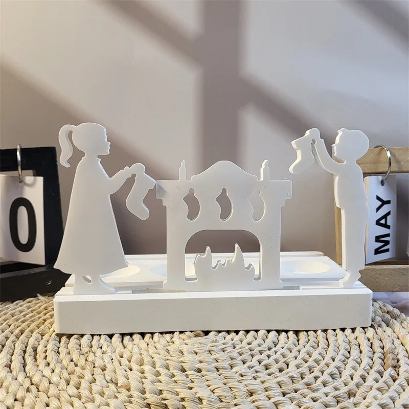 DIY Christmas Set Plugin Silicone Mold Boy and Girl Handheld Christmas Socks Fireplace Ornament Epoxy Resin Mold Home Decoration