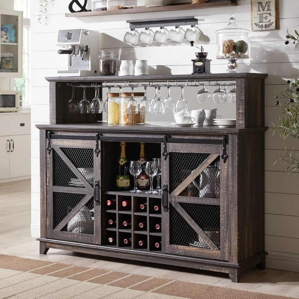 

Farmhouse Coffee Bar Cabinet with LED Lights, 55" Wine Bar Cabinet w/Sliding Barn Door & Wine and Glass Rack, Kitchen Buffet Ca