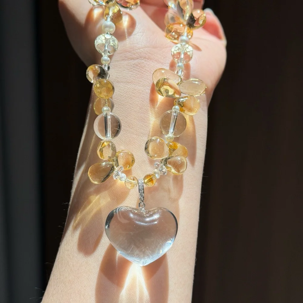 Natural Citrine Clear Quartz Heart Necklace String Charms Handmade Fortune Energy Mineral Woman Amulet Jewelry Gift 1PCS