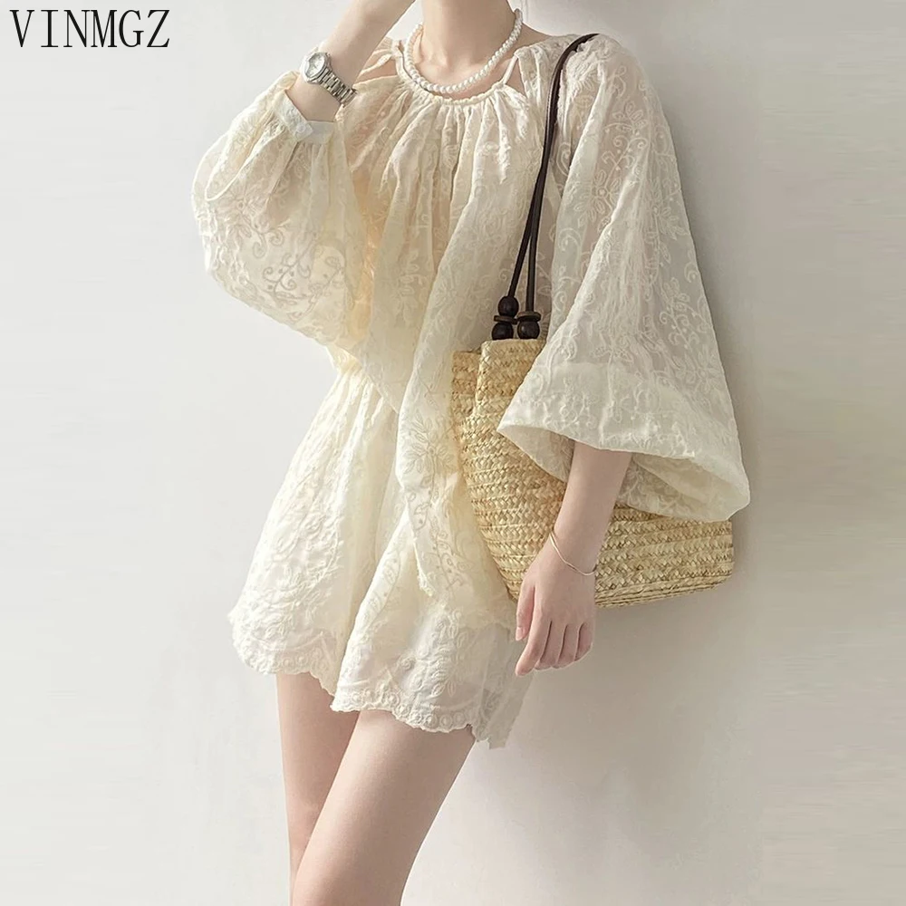 

Chiffon embroidered sunscreen shirt and shorts two-piece set women's summer loose top five-point pants loose wear set