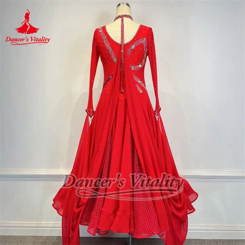 ชุดเต้นรำสังคมมาตรฐาน แขนยาว สำหรับการแสดงและแข่งขันระดับมืออาชีพ พร้อมสร้อยคอ ออกแบบตามสั่งสำหรับนักเต้นผู้ใหญ่ที่มีความมีชีวิตชีวา