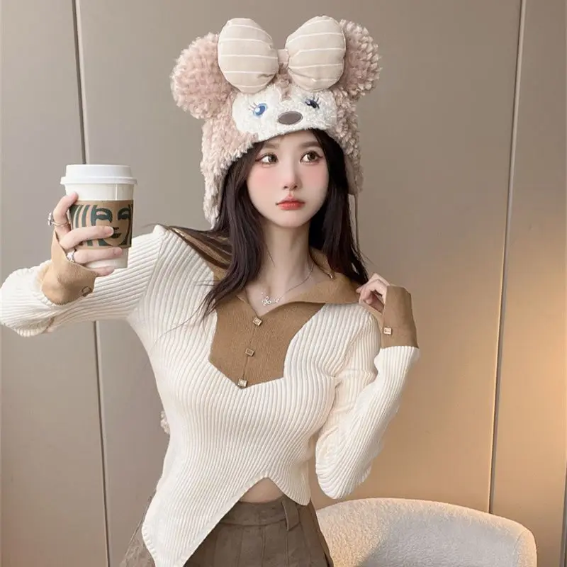 Women Clothing Spring Autumn Fashion Korean Simplicity All-match Button Color Blocking Turn-down Collar Knitting Long Sleeve Top