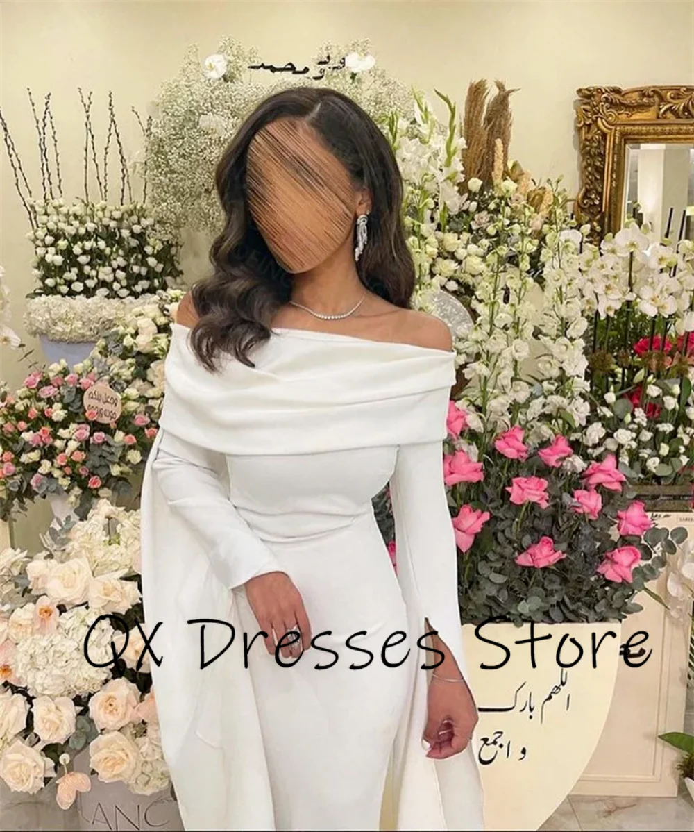 Customized Simple White Exquisite Prom Dresses Gala Off the Shoulder A-line Tea-Length Boat Neckline Wedding Party Gown